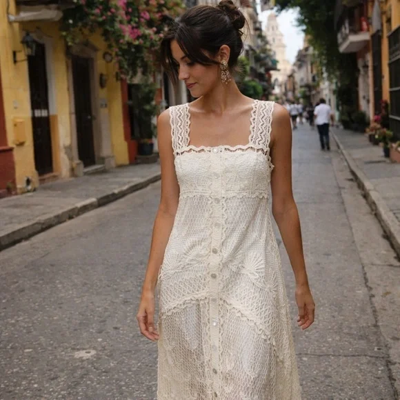 NWT FARM Rio Off White Nautical Guipere Crochet Midi Dress - Picture 1 of 13